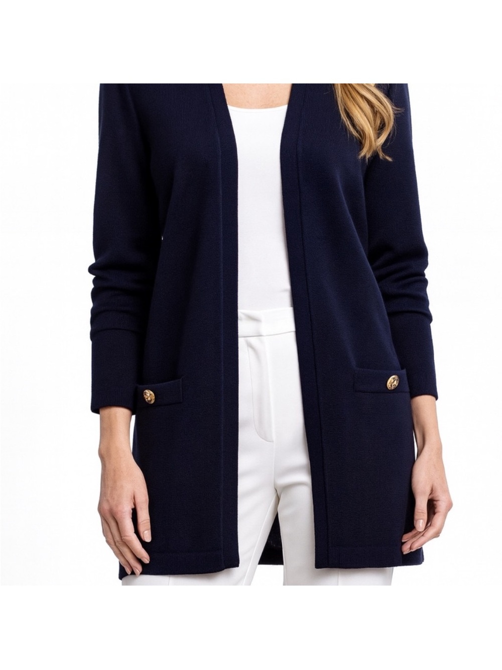St. John Navy Open-Front Long Cardigan with Gold Buttons Sz Medium